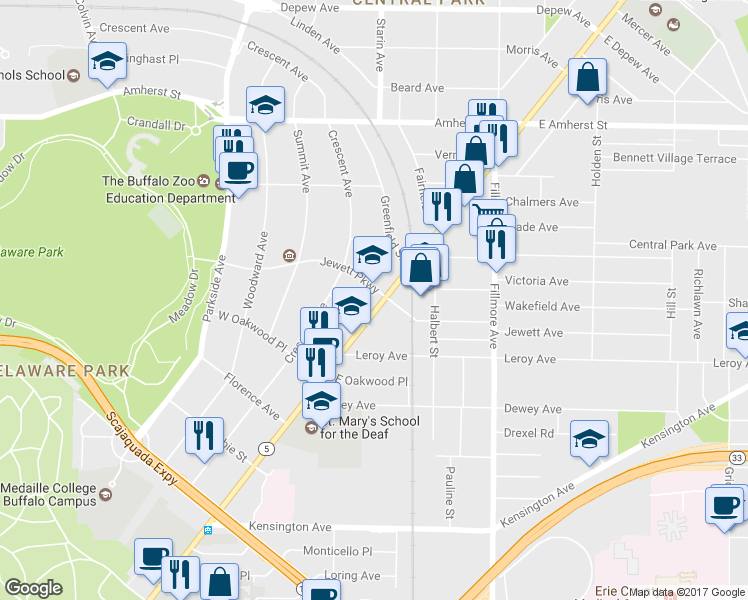 map of restaurants, bars, coffee shops, grocery stores, and more near 4 Jewett Parkway in Buffalo