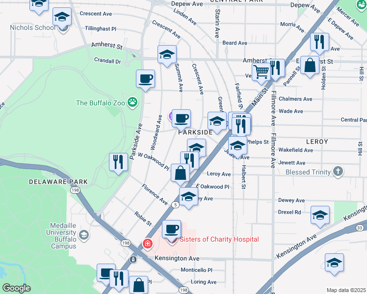 map of restaurants, bars, coffee shops, grocery stores, and more near 234 Crescent Avenue in Buffalo