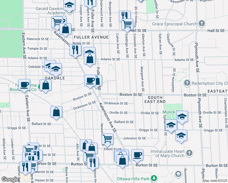 map of restaurants, bars, coffee shops, grocery stores, and more near 1269 Boston Street Southeast in Grand Rapids