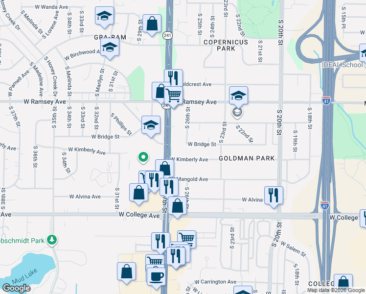 map of restaurants, bars, coffee shops, grocery stores, and more near 2531 West Bridge Street in Milwaukee
