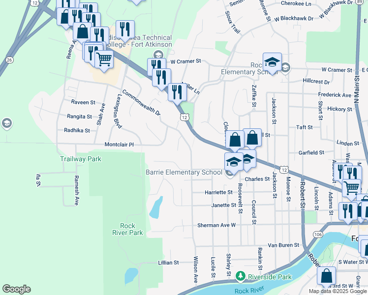 map of restaurants, bars, coffee shops, grocery stores, and more near 1225 Commonwealth Drive in Fort Atkinson