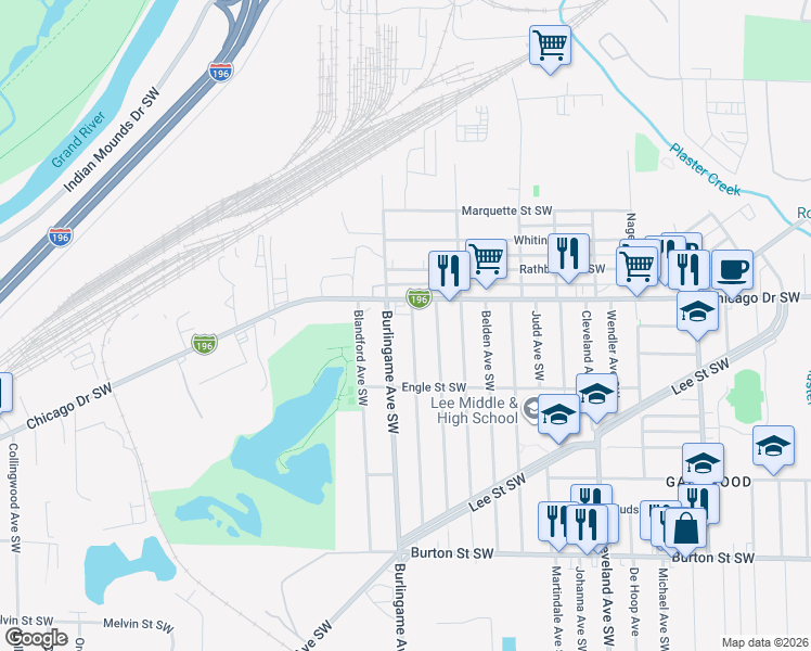 map of restaurants, bars, coffee shops, grocery stores, and more near 1635 Delwood Avenue Southwest in Wyoming