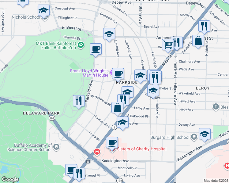 map of restaurants, bars, coffee shops, grocery stores, and more near 234 Crescent Avenue in Buffalo