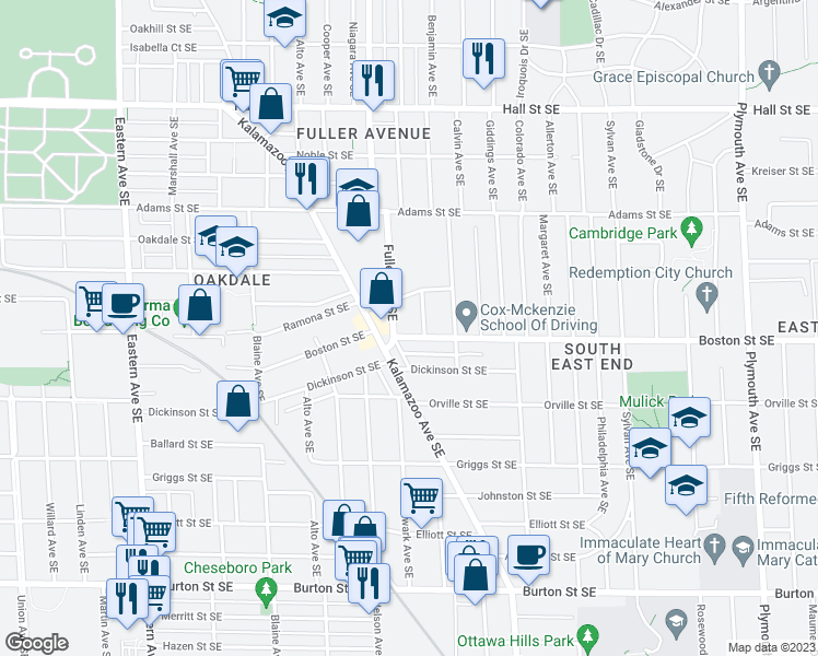 map of restaurants, bars, coffee shops, grocery stores, and more near 1231 Boston Street Southeast in Grand Rapids