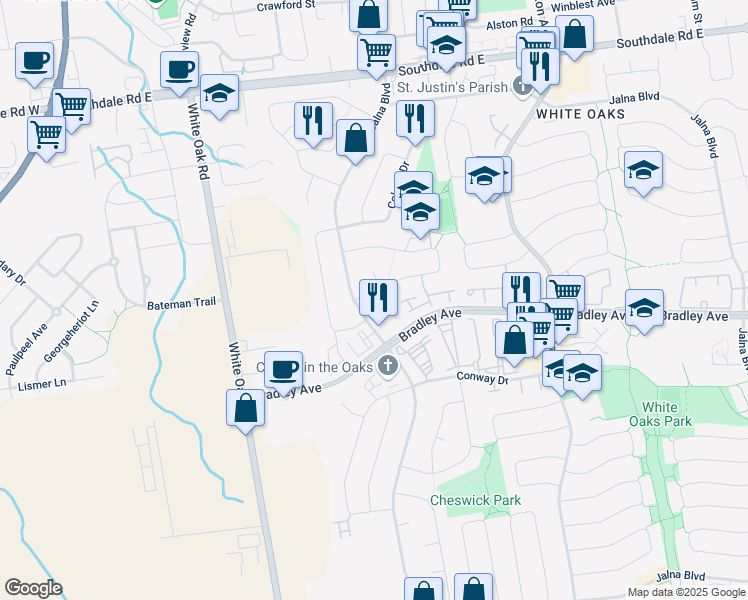 map of restaurants, bars, coffee shops, grocery stores, and more near 1671 Jalna Boulevard in London