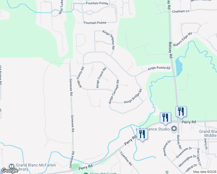 map of restaurants, bars, coffee shops, grocery stores, and more near 1484 Kings Pointe Road in Grand Blanc
