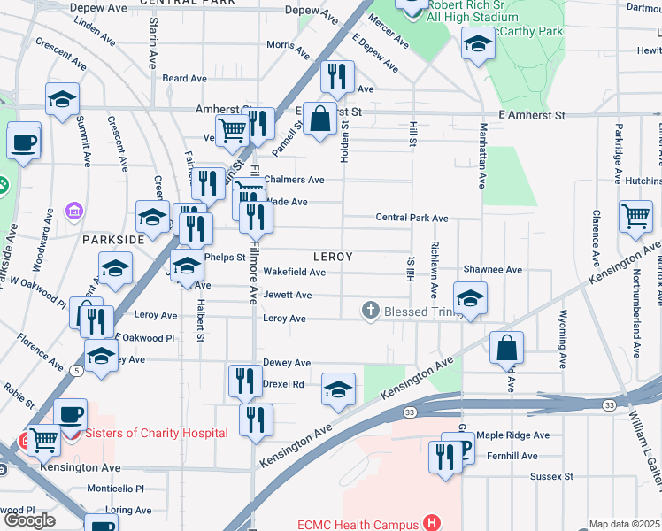 map of restaurants, bars, coffee shops, grocery stores, and more near 98 Wakefield Avenue in Buffalo