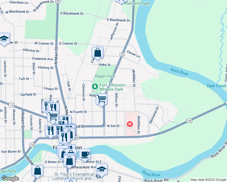 map of restaurants, bars, coffee shops, grocery stores, and more near 509 Wilcox Street in Fort Atkinson