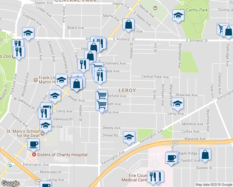 map of restaurants, bars, coffee shops, grocery stores, and more near 60 Wakefield Avenue in Buffalo