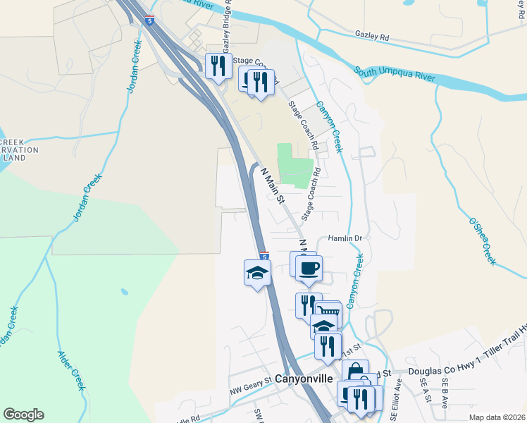 map of restaurants, bars, coffee shops, grocery stores, and more near 200 Berthel Avenue in Canyonville
