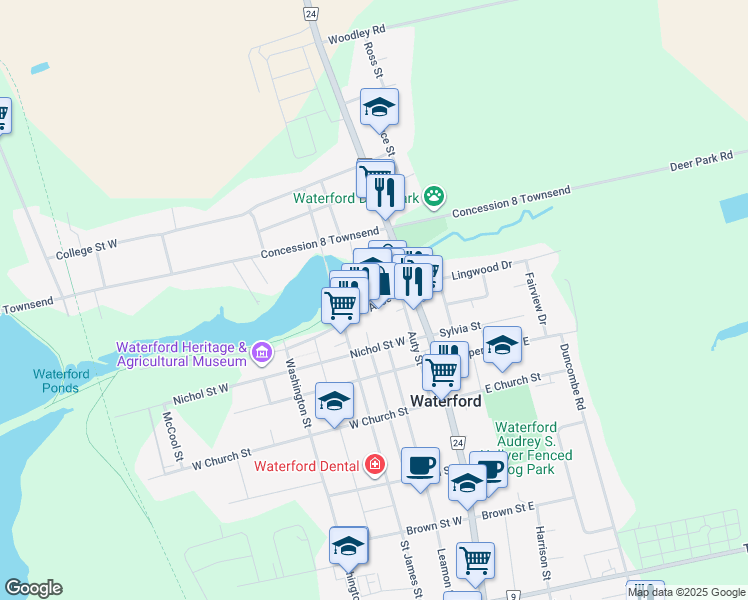map of restaurants, bars, coffee shops, grocery stores, and more near 39 Alice Street in Waterford