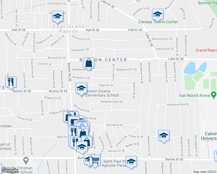 map of restaurants, bars, coffee shops, grocery stores, and more near 2614 Albert Drive Southeast in Grand Rapids