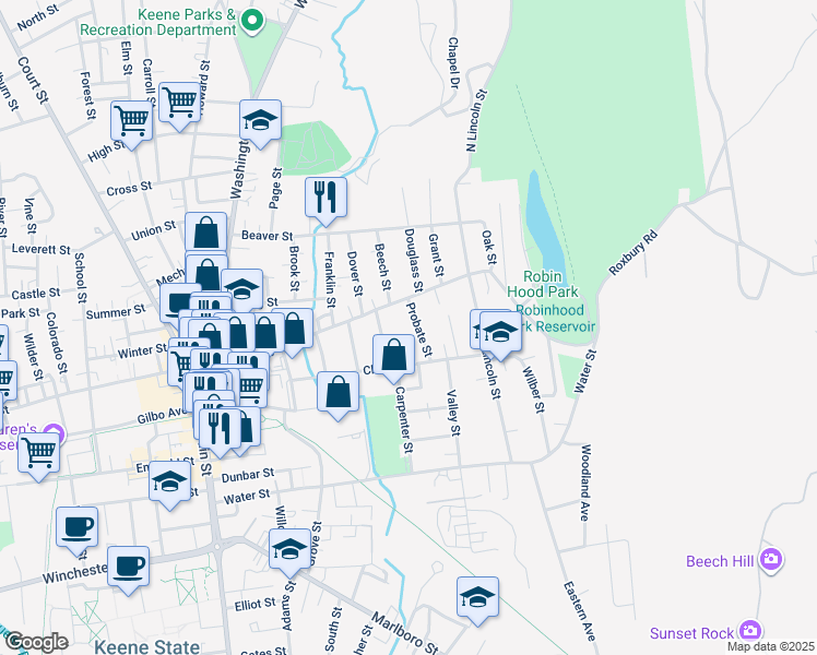 map of restaurants, bars, coffee shops, grocery stores, and more near 41 Probate Street in Keene