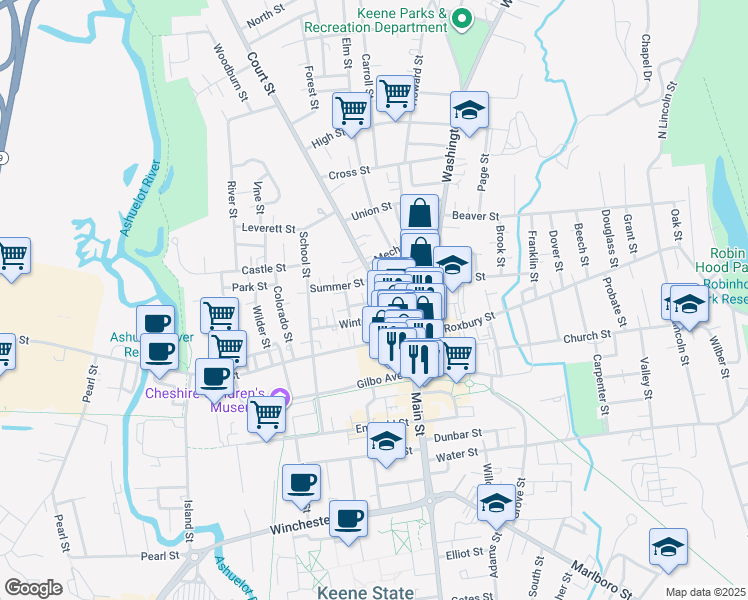 map of restaurants, bars, coffee shops, grocery stores, and more near 33 Winter Street in Keene