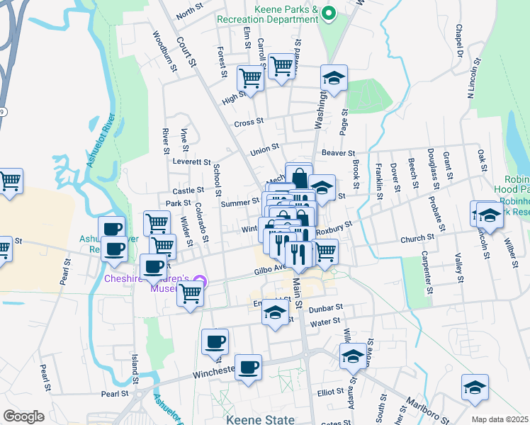 map of restaurants, bars, coffee shops, grocery stores, and more near 33 Winter Street in Keene