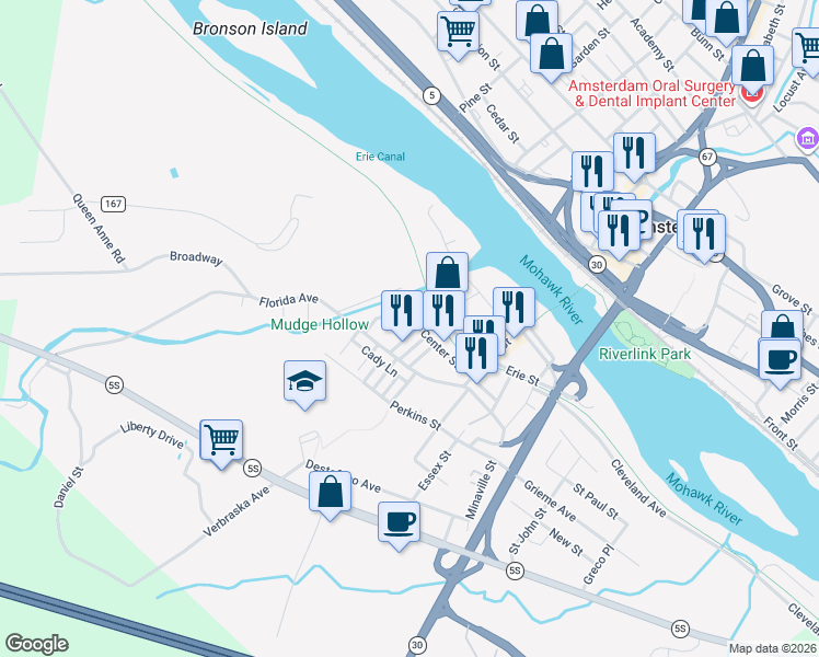 map of restaurants, bars, coffee shops, grocery stores, and more near 43 Broad Street in Amsterdam