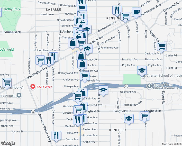 map of restaurants, bars, coffee shops, grocery stores, and more near 58 Martha Avenue in Buffalo