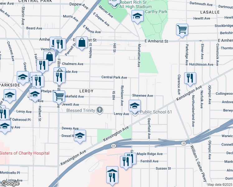 map of restaurants, bars, coffee shops, grocery stores, and more near 220 Wakefield Avenue in Buffalo