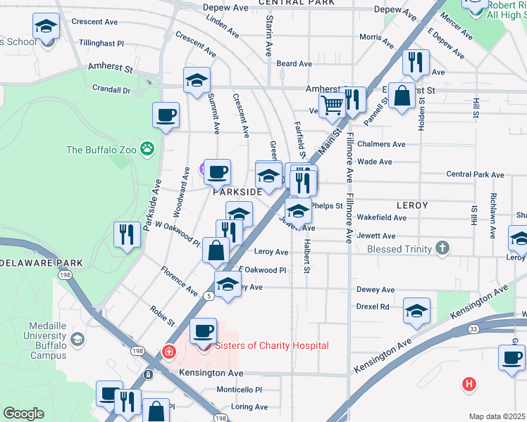 map of restaurants, bars, coffee shops, grocery stores, and more near 4 Jewett Parkway in Buffalo