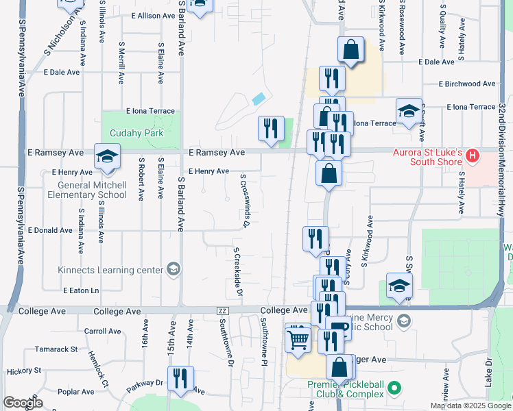 map of restaurants, bars, coffee shops, grocery stores, and more near 6030 South Crosswinds Drive in Cudahy