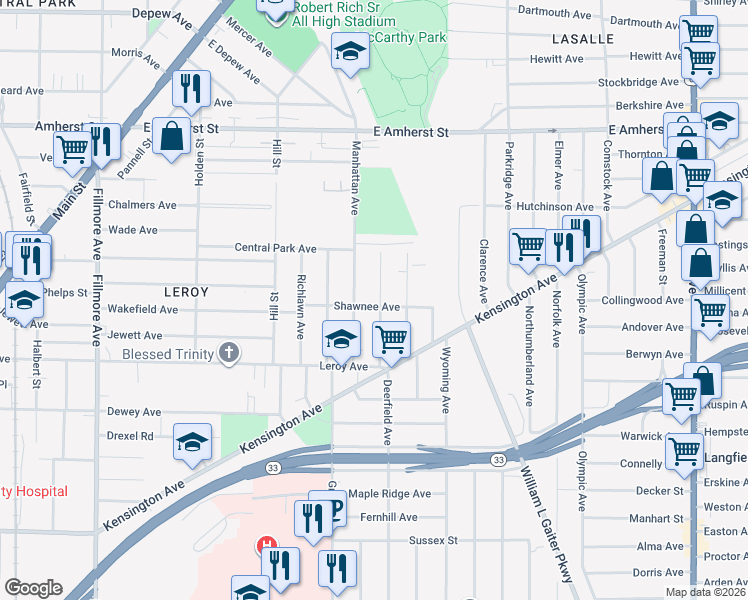 map of restaurants, bars, coffee shops, grocery stores, and more near 72 Montclair Avenue in Buffalo