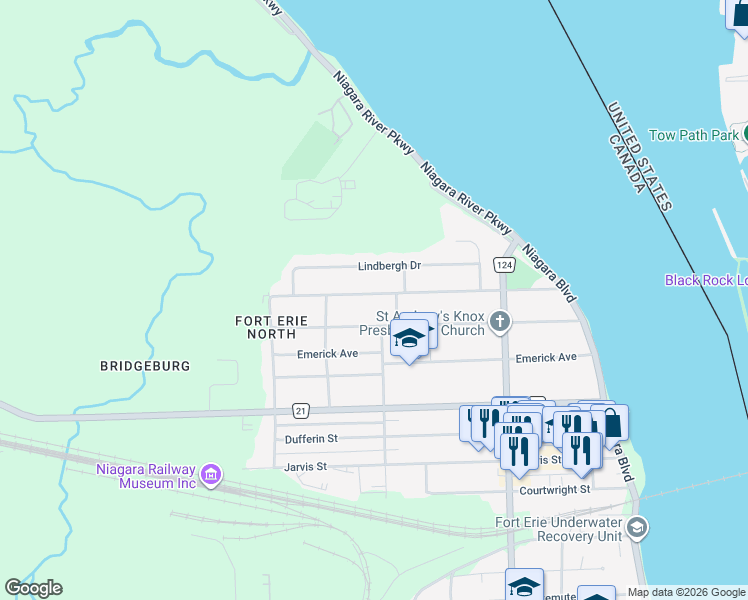 map of restaurants, bars, coffee shops, grocery stores, and more near 278 Highland Avenue in Fort Erie