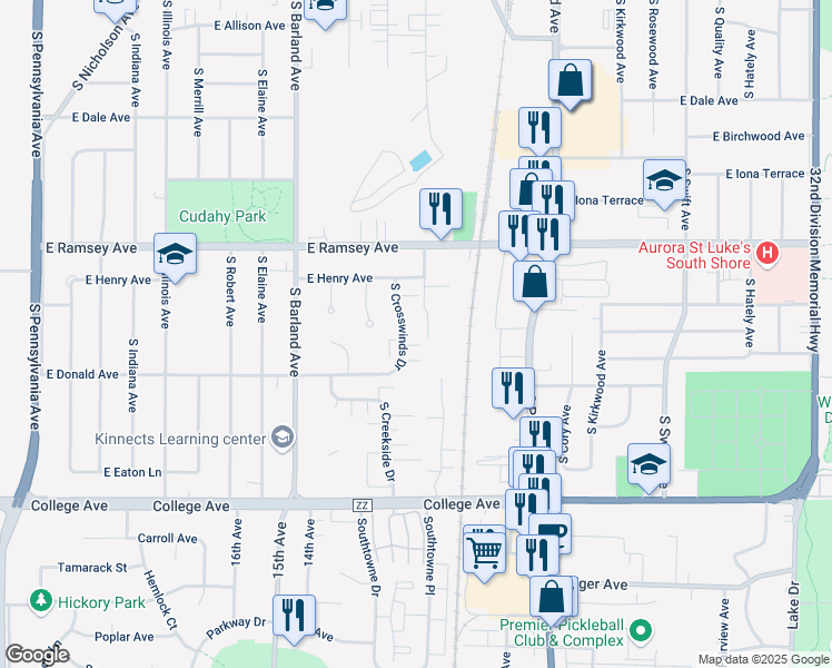 map of restaurants, bars, coffee shops, grocery stores, and more near 6030 South Crosswinds Drive in Cudahy