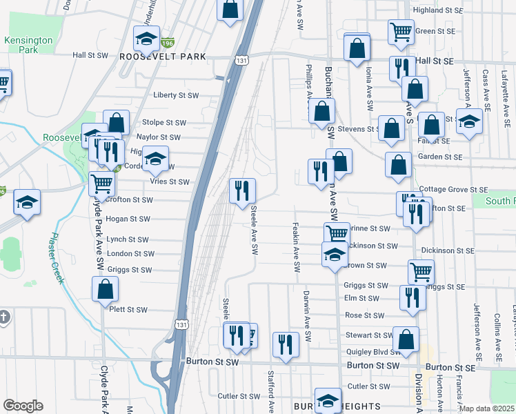 map of restaurants, bars, coffee shops, grocery stores, and more near 362 Fox Street Southwest in Grand Rapids