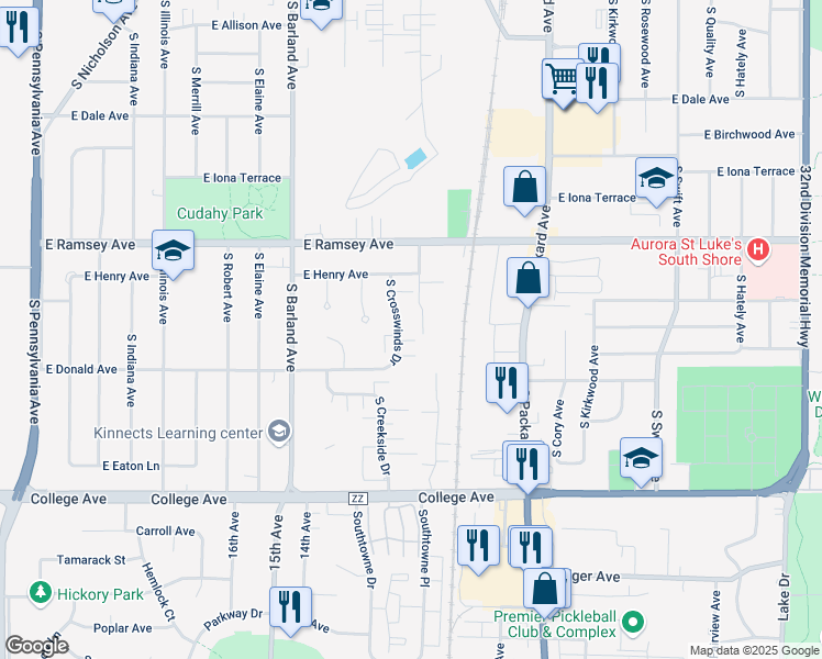 map of restaurants, bars, coffee shops, grocery stores, and more near 6030 South Crosswinds Drive in Cudahy