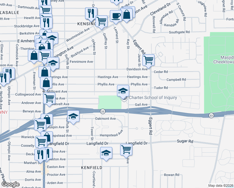 map of restaurants, bars, coffee shops, grocery stores, and more near 267 Millicent Avenue in Buffalo