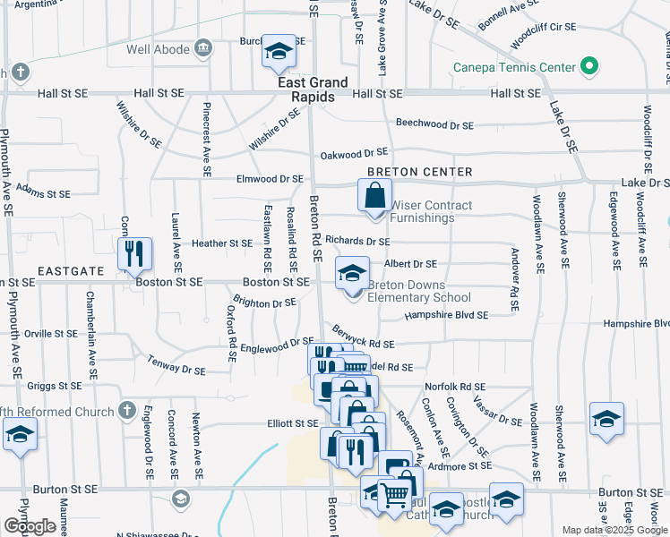 map of restaurants, bars, coffee shops, grocery stores, and more near 2405 Boston Street Southeast in East Grand Rapids