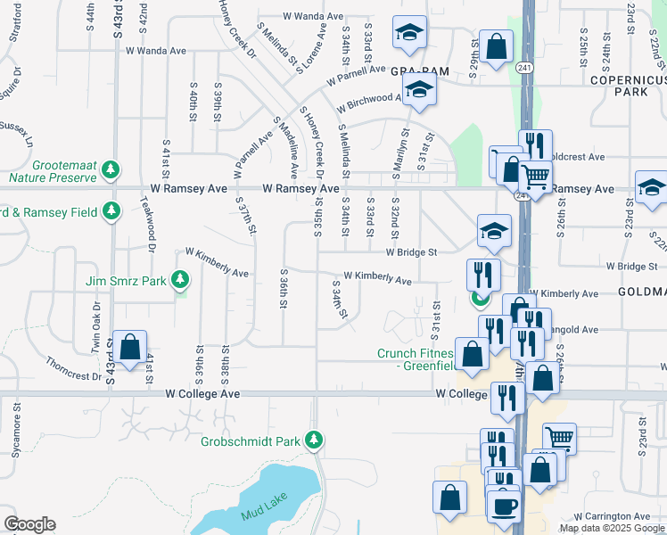 map of restaurants, bars, coffee shops, grocery stores, and more near 6051 South 34th Street in Greenfield
