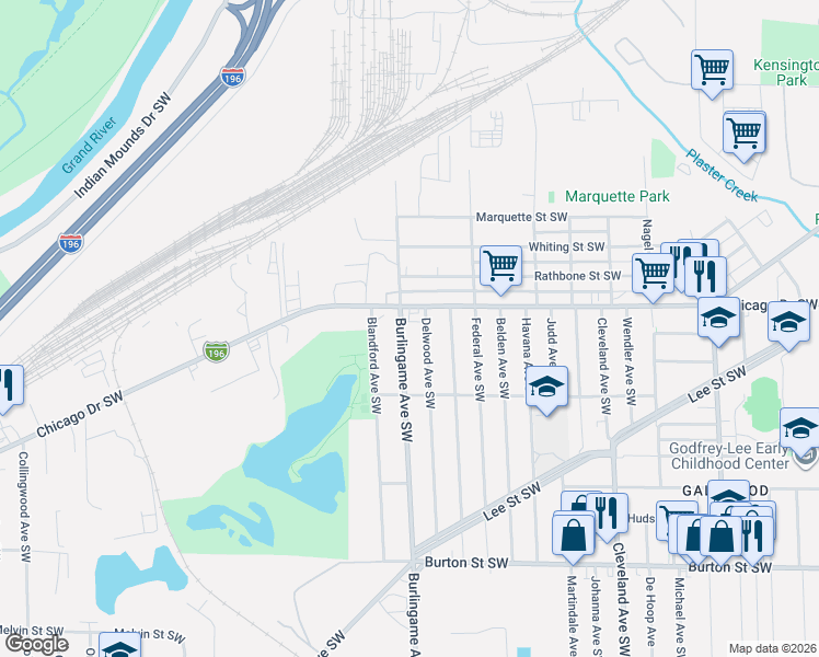 map of restaurants, bars, coffee shops, grocery stores, and more near 1635 Delwood Avenue Southwest in Wyoming