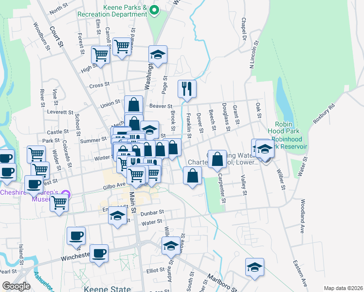 map of restaurants, bars, coffee shops, grocery stores, and more near 106 Roxbury Street in Keene