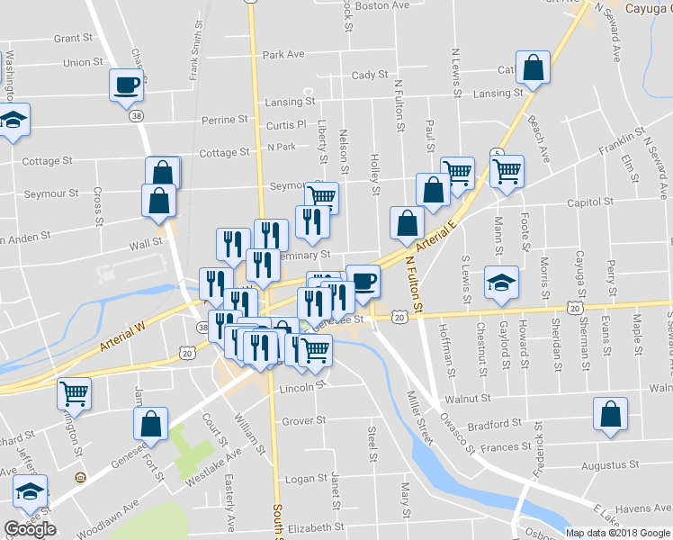 map of restaurants, bars, coffee shops, grocery stores, and more near 25 Arterial West in Auburn