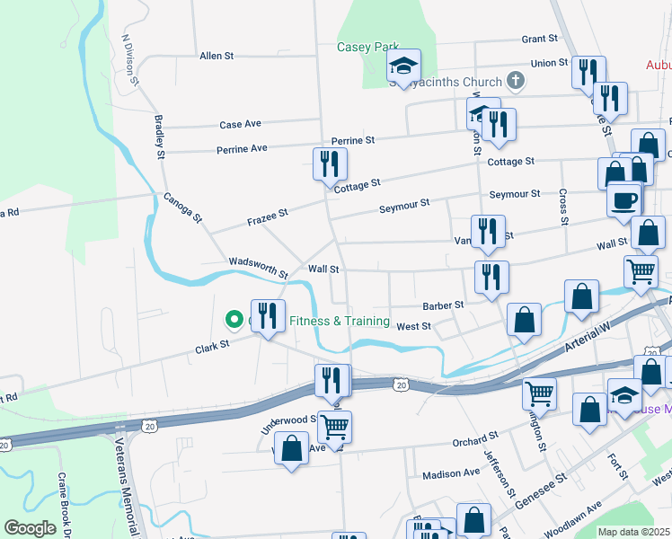 map of restaurants, bars, coffee shops, grocery stores, and more near 134 Wall St in Auburn