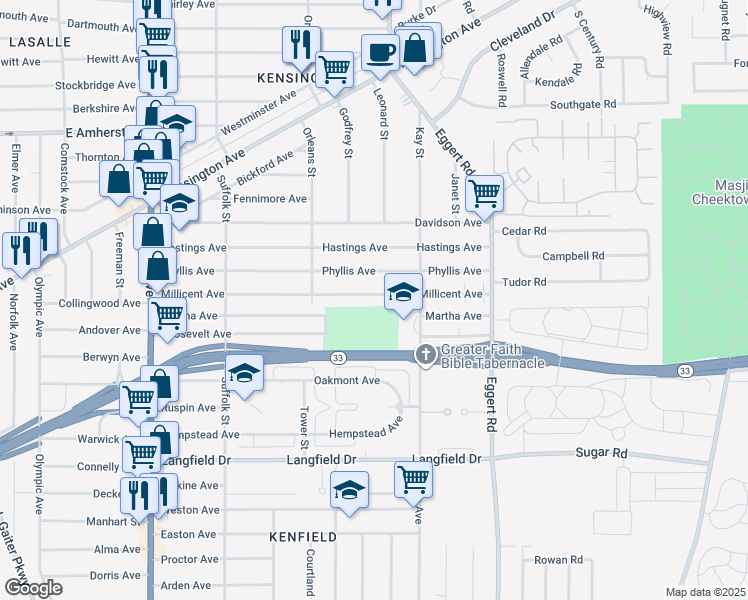 map of restaurants, bars, coffee shops, grocery stores, and more near 251 Millicent Avenue in Buffalo