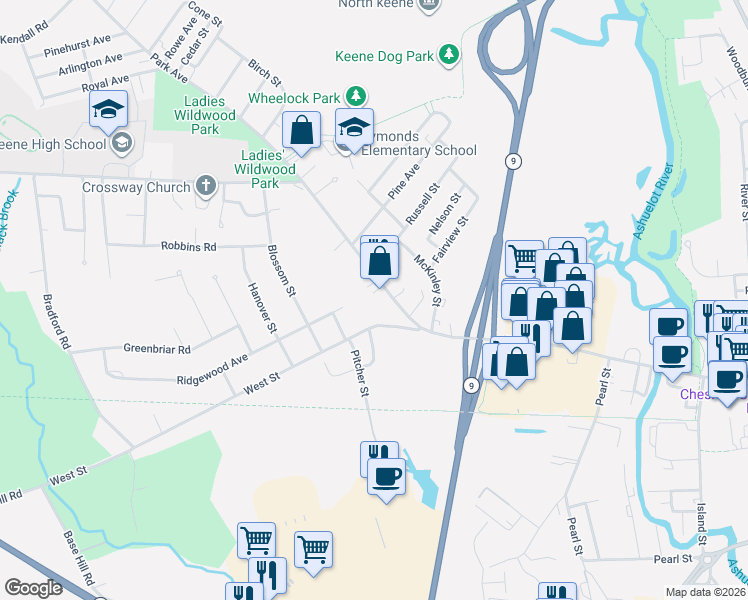 map of restaurants, bars, coffee shops, grocery stores, and more near 567 West Street in Keene