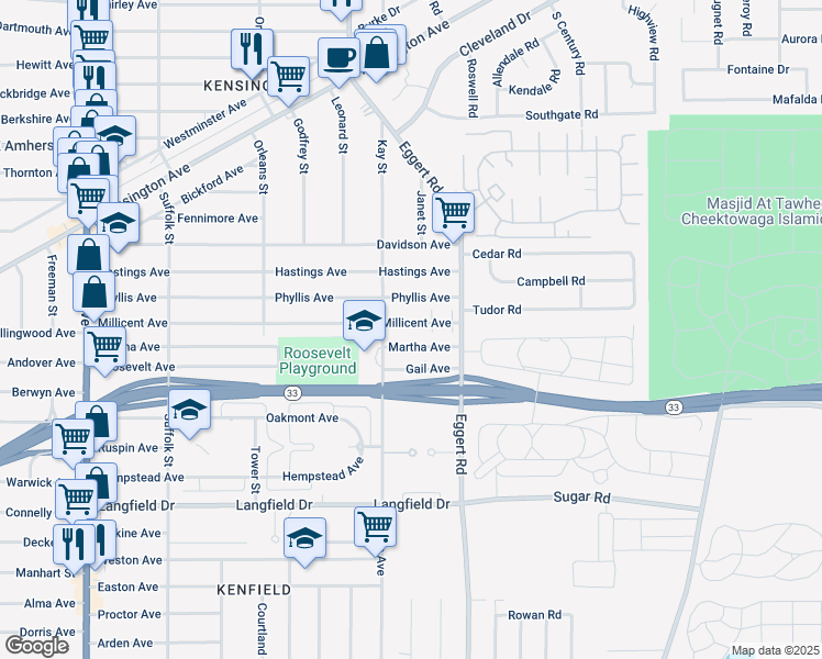 map of restaurants, bars, coffee shops, grocery stores, and more near 340 Martha Avenue in Buffalo