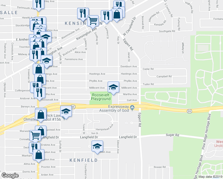 map of restaurants, bars, coffee shops, grocery stores, and more near 404 Edison Avenue in Buffalo