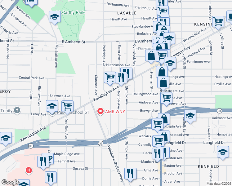 map of restaurants, bars, coffee shops, grocery stores, and more near 721 Northumberland Avenue in Buffalo
