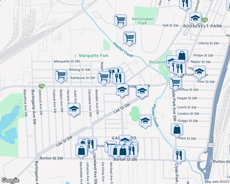 map of restaurants, bars, coffee shops, grocery stores, and more near 1124 Albers Street Southwest in Wyoming
