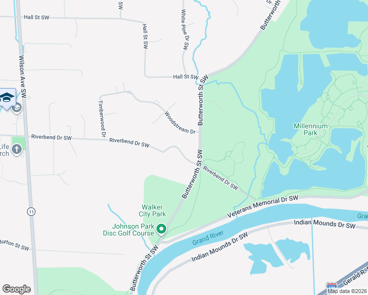map of restaurants, bars, coffee shops, grocery stores, and more near 3850 Riverbend Drive Southwest in Grand Rapids