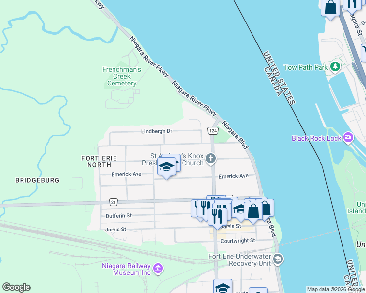 map of restaurants, bars, coffee shops, grocery stores, and more near 224 Highland Avenue in Fort Erie