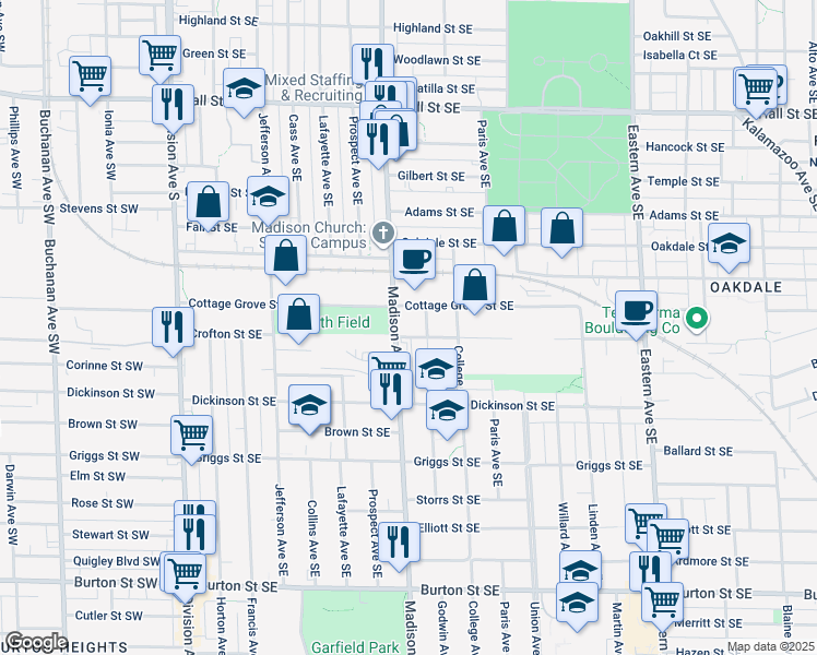 map of restaurants, bars, coffee shops, grocery stores, and more near 418 Crofton Street Southeast in Grand Rapids