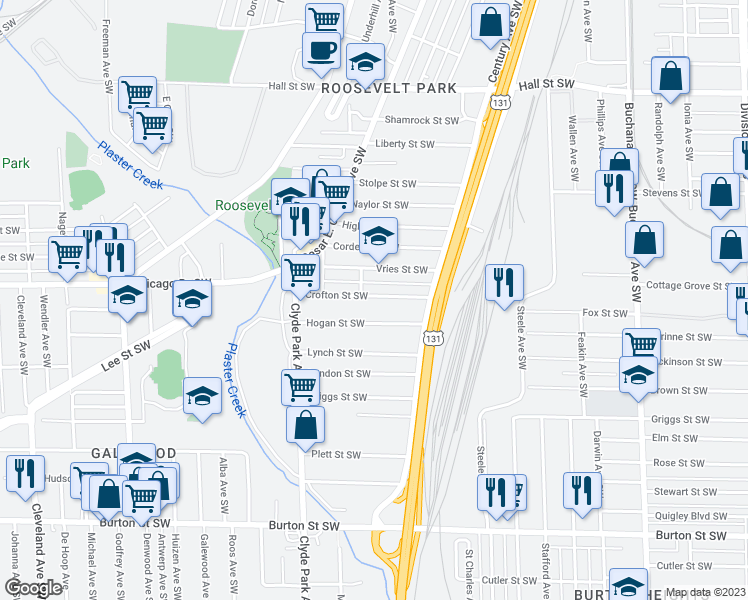 map of restaurants, bars, coffee shops, grocery stores, and more near 640 Crofton Street Southwest in Grand Rapids