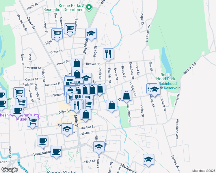 map of restaurants, bars, coffee shops, grocery stores, and more near 139 Roxbury Street in Keene