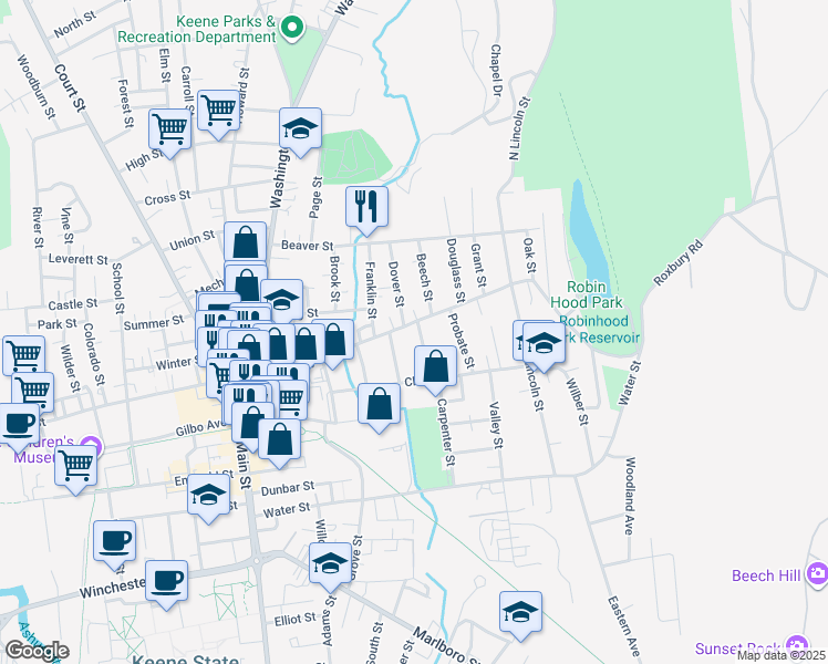 map of restaurants, bars, coffee shops, grocery stores, and more near 17 Edwards Street in Keene