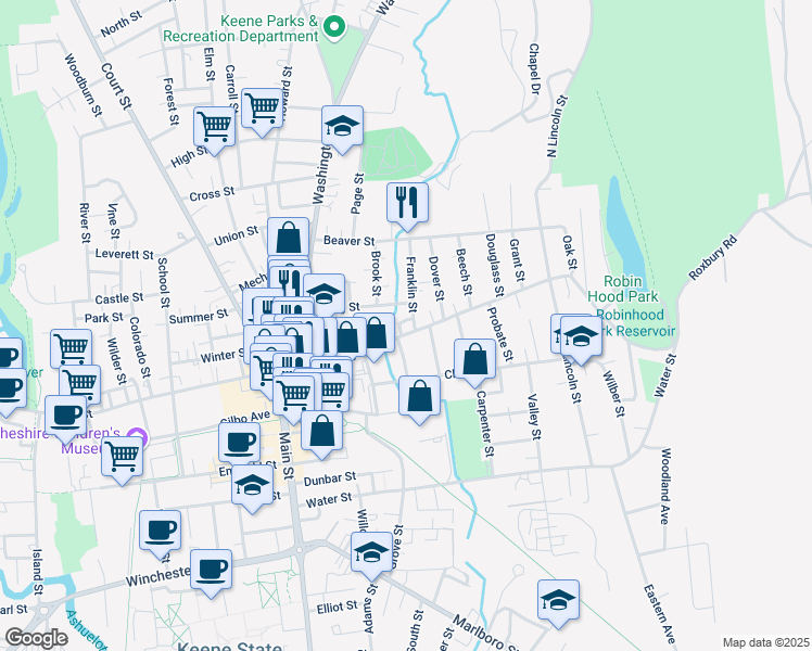 map of restaurants, bars, coffee shops, grocery stores, and more near 139 Roxbury Street in Keene