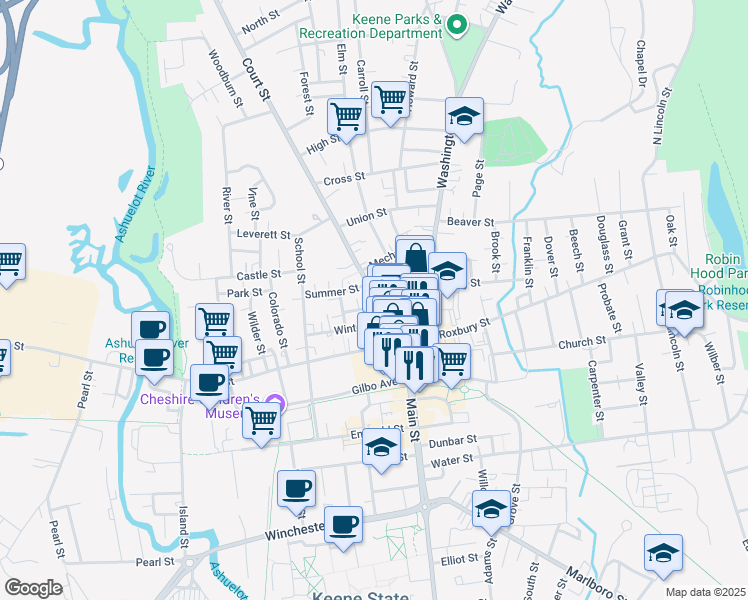 map of restaurants, bars, coffee shops, grocery stores, and more near 33 Winter Street in Keene